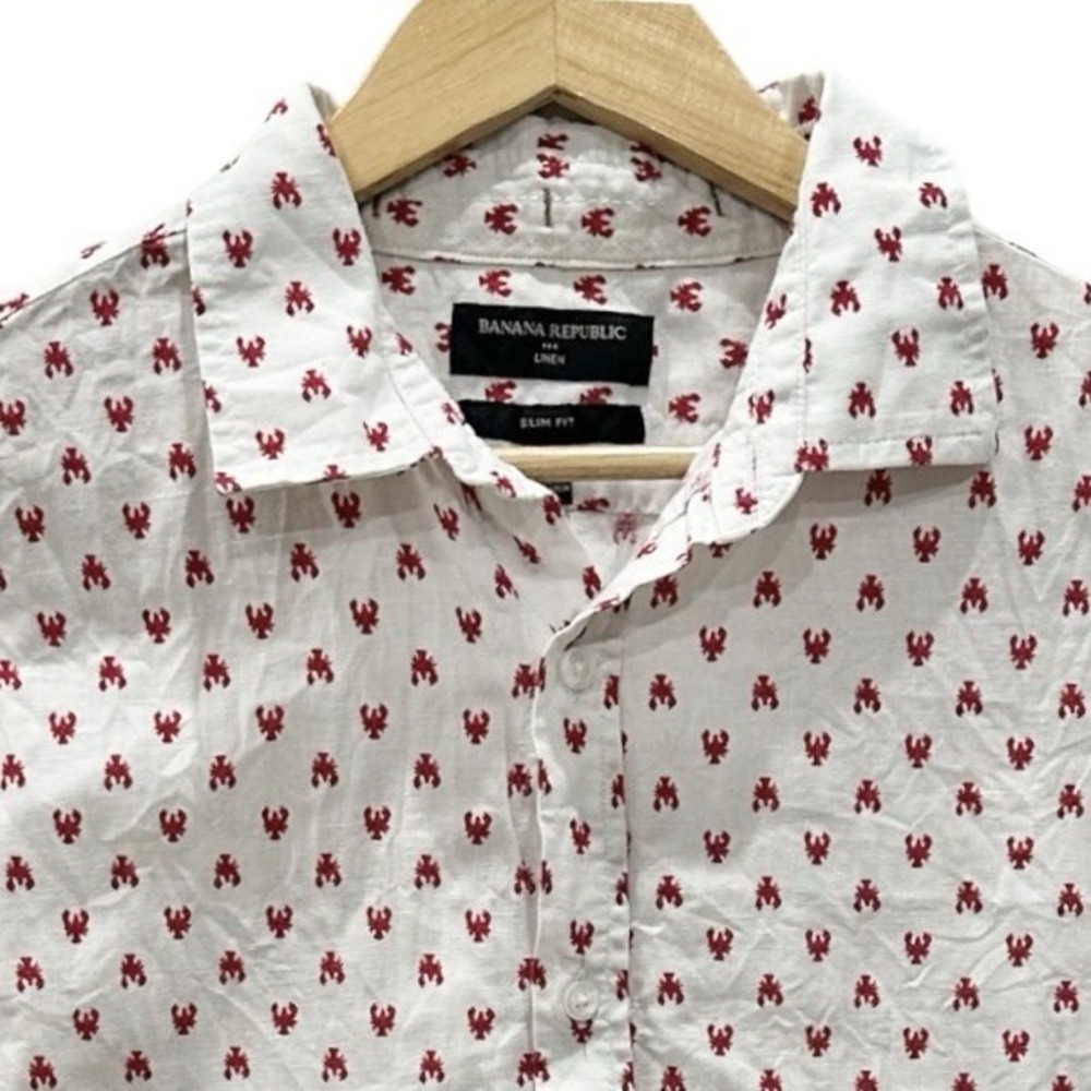 Banana Republic Shirt Men's L Slim Fit Linen S Sleeve Button‎ Up White Lobster